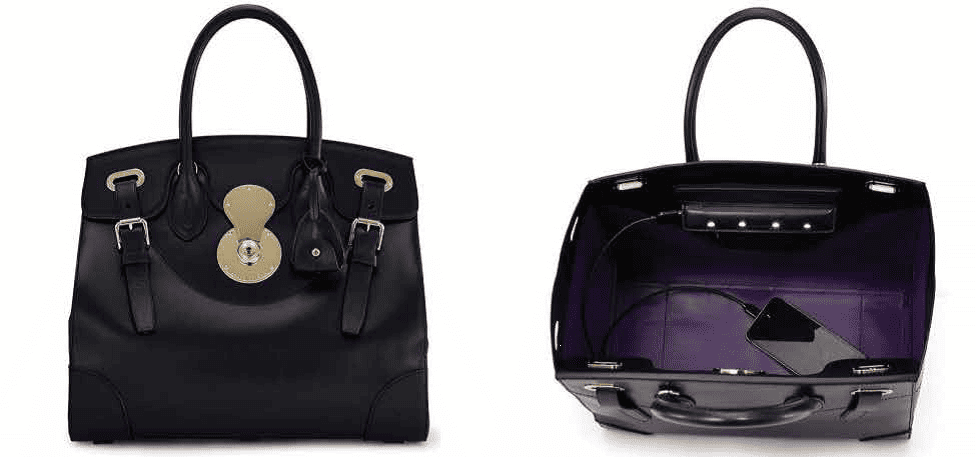 De Ricky Bag van Ralph Lauren. Deze handtas bevat een lichtje aan de binnenzijde en kan mobiele apparaten opladen